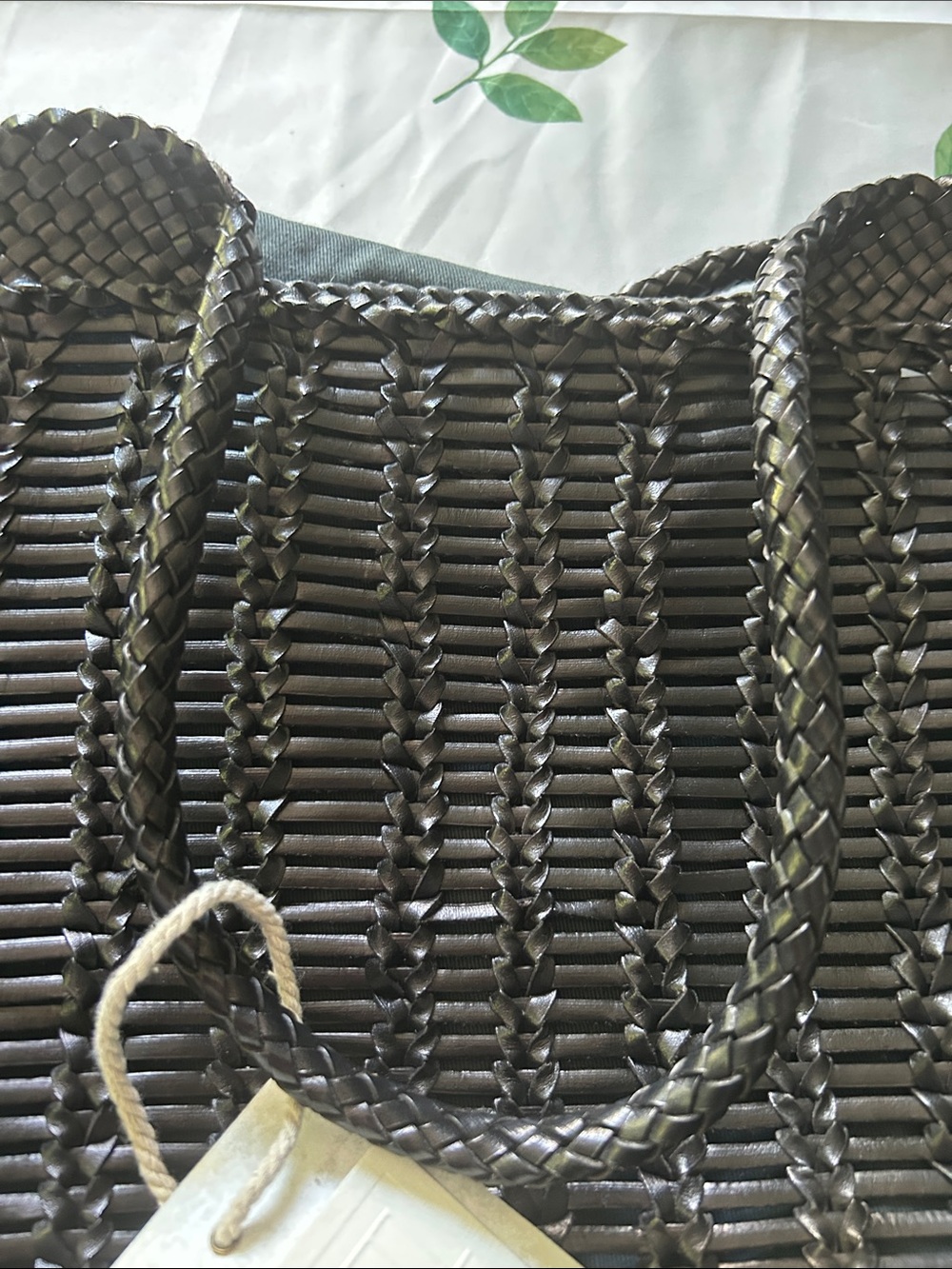 La Vie Black Woven Genuine Italian Leather Tote Bag with Top Handles and insert - Picture 5 of 7
